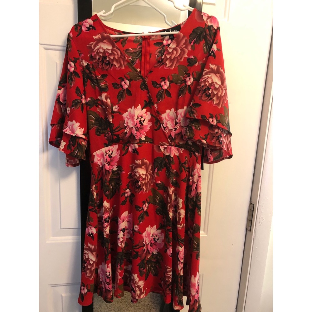 Laclair Red Floral Print Surplice Skater Dress
